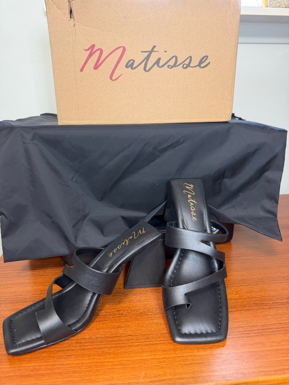 Matisse Black Crisscross Strap Square Toe Block Heels